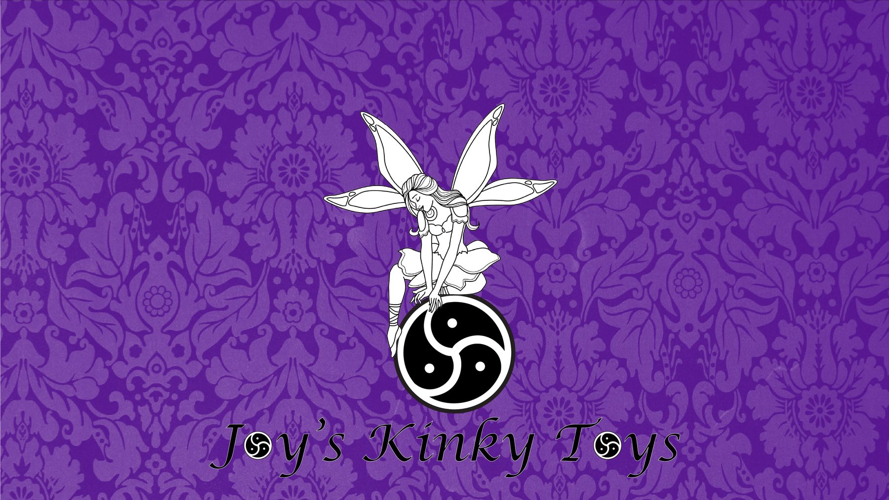 Joy's Kinky Toys — fairy and triskelion logo on purple damask